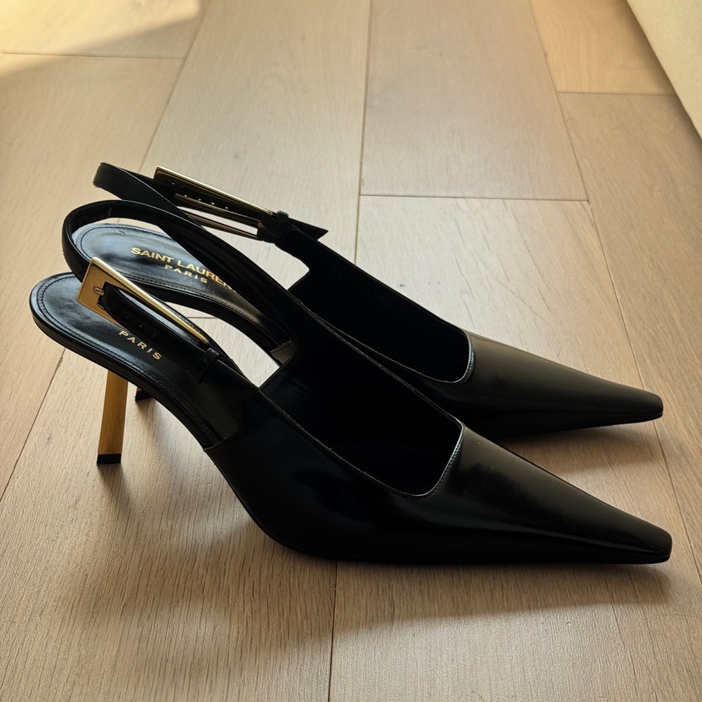 Saint Laurent Black Patent Leather Pointed Slingback Pumps with Gold Buckle - Picture 3 of 4